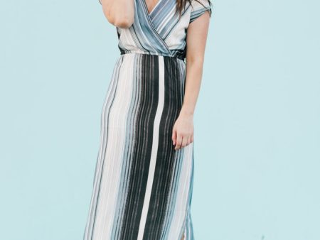 Waterfall Striped Chiffon Maxi Dress Blue on Sale