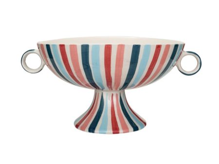 Hand-Painted Stoneware Footed Bowl w  Stripes Online Hot Sale