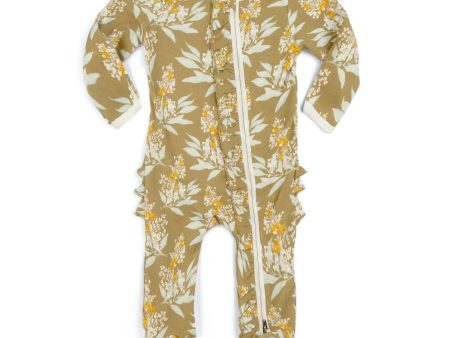 Milkbarn Gold Floral Organic Cotton Ruffle Zipper Footed Romper on Sale