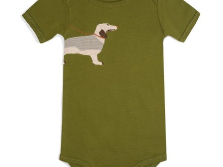 Green Dog Appliqué Organic Cotton Short Sleeve Onesie For Sale